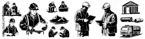 Hardworking Miners Inspecting Blueprints and Equipment at a Rural Mining Operation, Featuring Coal Miners, Site Infrastructure, Transport Truck, and Mountain Backdrop, Illustrating Industry, Safety, L