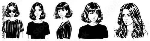 Diverse Group of Stylish Women with Bob and Long Hairstyles in Various Poses, Expressing Individuality and Modern Fashion Trends for Beauty, Advertising, and Lifestyle Content, Showcasing Hair Design,