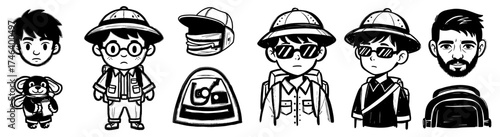 Cartoon Explorer Characters on Safari Adventure, Ready for Travel and Discovery in the Jungle, Featuring Boy Scout, Backpack, Pith Helmet, and Comic Style Line Art for Children's Education, and Outdoo