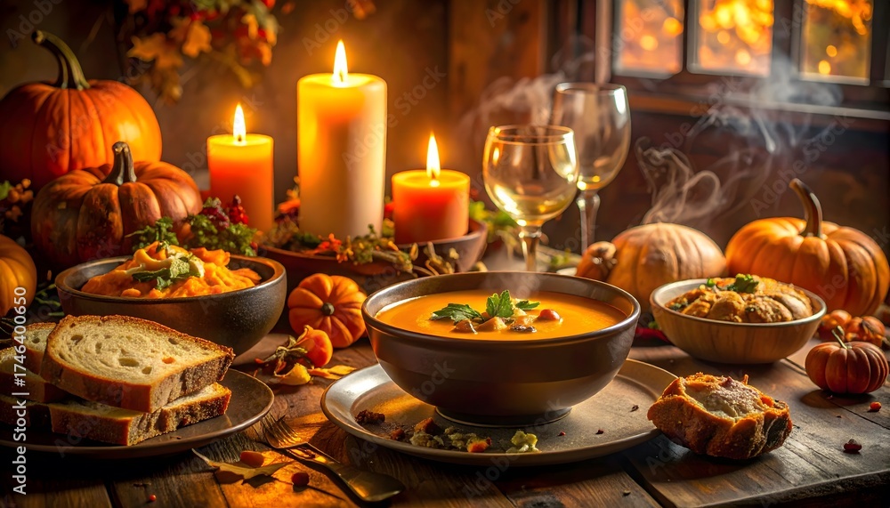 Naklejka premium A moody Halloween dinner table filled with pumpkin soup, bread, and candles.