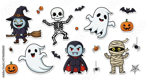 Halloween sticker set illustration with spooky characters like witch, skeleton, ghost, vampire and mummy, white background