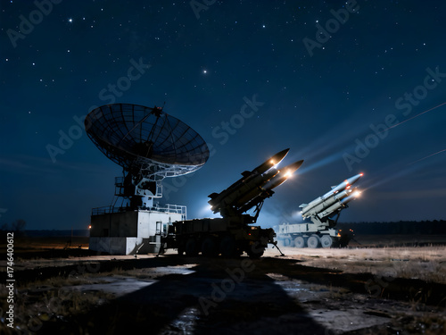 Air defense system working in an open field at night