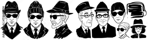 Stylized Men in Hats Collection: A Set of Classic Portrait Illustrations for Detective Concepts, Retro Fashion, or Mystery Themes, Ideal for Graphic Novels, Logo Design, and Vintage Style Marketing Ma