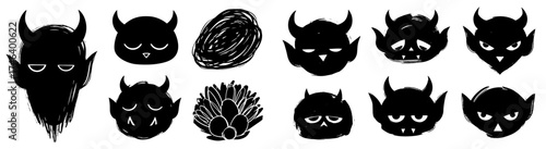 Spooky Devil Character Heads Collection, Halloween Concept Vector Silhouettes, Demon Faces, Cartoon Evil Monster Expressions for T-shirt Designs, Horror Illustrations, Graphic Elements, Party Decorati