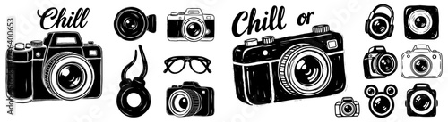 Vintage Camera Collection: Chill Photographer's Aesthetic in Black and White Line Art, Retro Hobbyist Graphic Resources for Creative Designs, Media Productions, Marketing Collateral & Photography Enth