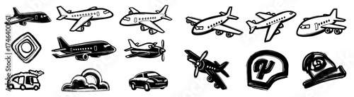 Diverse Transportation Icons Sketch Set: Airplanes, Cars, and Travel Symbols in Hand-Drawn Style, Ideal for Tourism Marketing, Automotive Industry, and Aviation, Featuring Journey, Flight, Vehicles, E