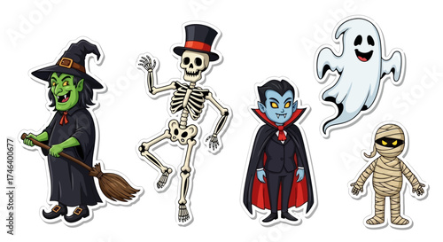 Halloween sticker set illustration with spooky characters like witch, skeleton, ghost, vampire and mummy, white background