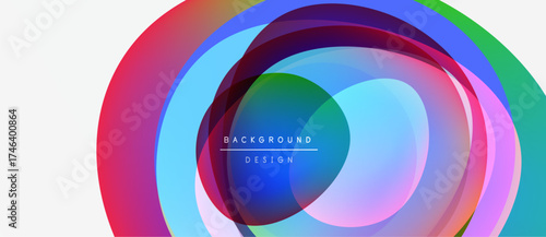 Abstract colorful layers create dynamic circular design. Text reads background design within central overlap. Modern, vibrant composition.