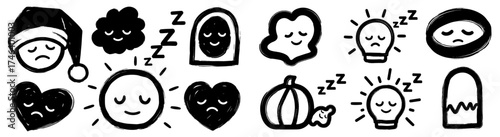 Cute Sleeping Emoticons Doodles for Rest and Relaxation in Black and White, Ideal for Wellness Design Projects, Mental Health Awareness Campaigns, Dream Journals, Sleep App Graphics, and Relaxing Cont