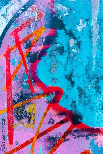 Vivid abstract graffiti texture in blue, pink, red. Bold 90s, urban art, vibrant paint splashes, street style. Posters, digital art, creative banner, modern 90s visuals.