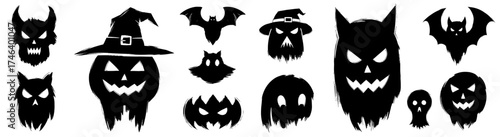 Eerie Halloween Silhouettes Collection with Spooky Ghosts, Bats, and Pumpkin Faces for Creepy Haunted Holiday Night, Perfect for Party Invitations, Horror Movie Posters, Seasonal Decor, and Mystical S