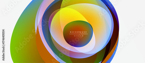 Abstract colorful circles overlap, creating dynamic visual effect. Gradient hues blend smoothly, forming modern background design.