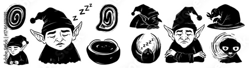 Dreamy Elf Characters in Fantasy Forest: Sleepy Creatures Posing in Enchanted Woods, Whimsical Cartoon Illustration for Storybooks, Games, and Mythical Designs. Monochrome, Surreal, Playful, Graphic N