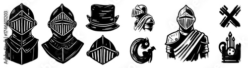 Medieval Knight Armory Illustrations: Historical Warriors Ready for Battle, Fantasy Armor Elements Set Against a White Backdrop for Gaming, Design, Tattoos, Role-Playing Games, and Ancient Legends, Id