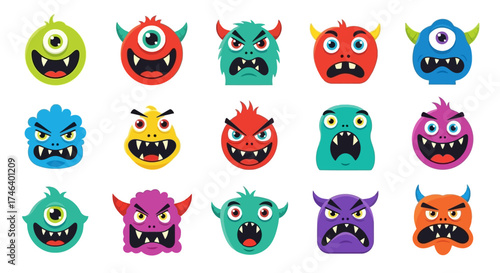 Vector set of twelve cartoon monster faces with different expressions and sharp teeth, white background