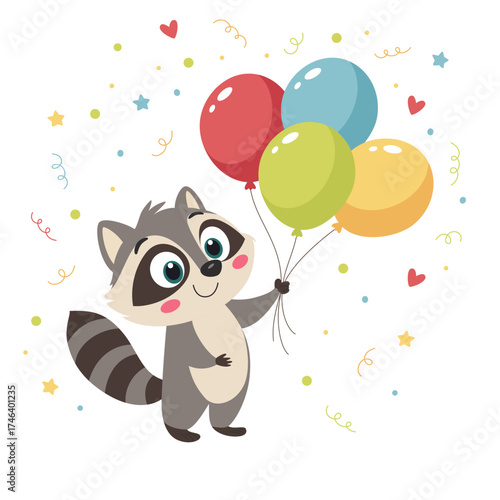 Cute Raccoon Holding Colorful Balloons with Confetti. Adorable Cartoon Animal Vector Illustration for Kids Birthday, Party, Greeting Cards and Posters.