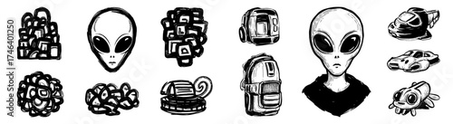Extraterrestrial Explorations: Unique Sci-Fi Visions in Black and White Ink, Conceptual Designs for Modern Technology, Innovation, and the Exploration of Outer Space Featuring Aliens, Futuristic Vehic