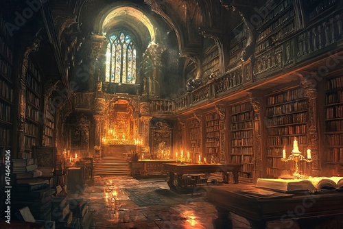 A mesmerizing library interior showcasing intricate woodwork, candles, and vibrant stained glass, creating a warm and inviting atmosphere for reading and reflection.