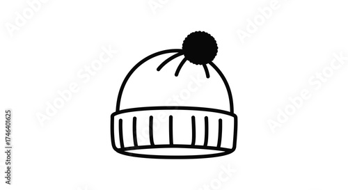 Cozy winter beanie hat with pom pom hand drawn doodle icon for seasonal apparel and outdoor activities silhouette