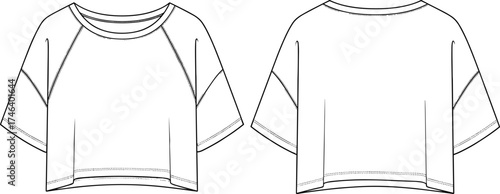 Cropped raglan sleeve top flat sketch, women’s short sleeve fashion technical drawing, round neck apparel design front and back clothing illustration