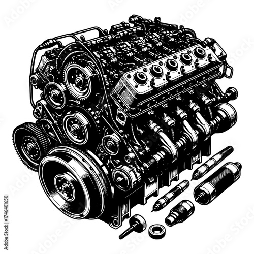 Detailed Engine: A detailed illustration of a complex engine, showcasing the intricate components and mechanics that power modern technology.