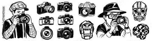 Retro Photographer in Action, Capturing Moments with Vintage Cameras, Surrounded by Masks and Lenses, in a Sketch Style Illustration for Nostalgia, Creativity, and Artistic Expression, a Classic Depic