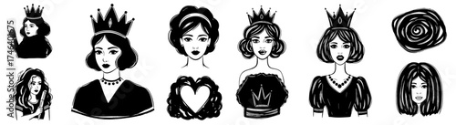 Elegant Queen Collection: Fashionable Female Figures in Crowns – Royalty Character Set for Graphic Design, Illustration Art, Storytelling, Editorial Projects, and Creative Designs – Vintage Style Port