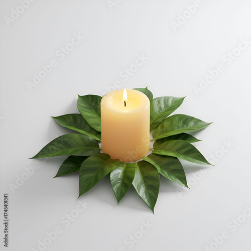 A high-angle shot of a candle placed next to fresh green leaves on a clean white background, evoking a calm, natural, and minimalist aesthetic.