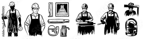 Skilled Woodworker Crafting Custom Furniture in Workshop: A Detailed Black and White Illustration for Carpentry, Construction, and Interior Design Projects, Showcasing Expertise, Traditional Craftsman