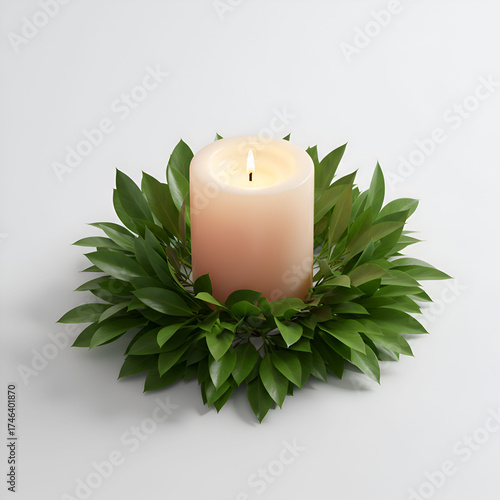 A high-angle shot of a candle placed next to fresh green leaves on a clean white background, evoking a calm, natural, and minimalist aesthetic.