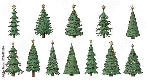 Festive illustrated Christmas tree collection, showcasing diverse designs with lights and ornaments, capturing the joyous holiday spirit for seasonal graphics