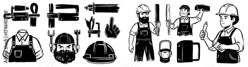Construction Worker Icons and Builder Cliparts Set: Tradesman and Craftsman Illustrations in Hand-Drawn Style for Building Projects, Maintenance, and Repair Services, Engineering Design, Home Renovati