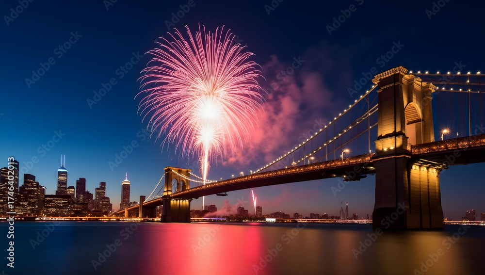 Fototapeta premium Fireworks Display Over Bridge and City 