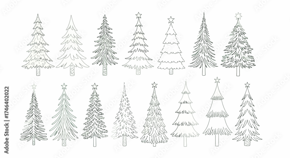 Obraz premium Diverse Collection of Hand-Drawn Christmas Tree Outline Illustrations for Festive Holiday Season Designs – Variety of Evergreen Conifer Trees for Winter Celebration Graphics and Decor
