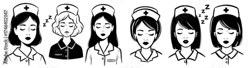 Tired Nurses Sleeping After Long Shifts: Exhausted Healthcare Workers Resting in Nurse Caps, Overworked Medical Professionals, Hospital Staff Taking a Break, Wellness, Fatigue, Black and White Illustr