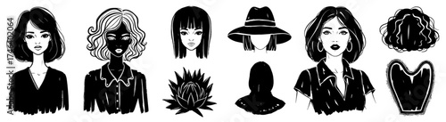 Elegant Women Silhouettes Collection in Monochrome Style: Diverse Portraits and Beauty Elements for Fashion, Lifestyle and Skincare, Ideal for Branding, Beauty Blogs, Illustration, Print Design, Moder