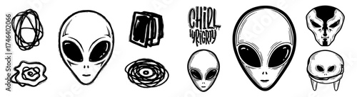 Abstract Alien Graphic Collection: Extraterrestrial Head Silhouettes in Black and White for Sci-Fi Projects, Ufology Design Elements, Conspiracy Concept Art, Spooky Illustrations, Mysterious Spaceship