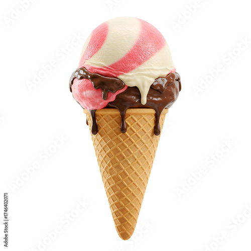 A highly detailed 3D rendering of a delicious ice cream in a waffle cone, isolated on a white background