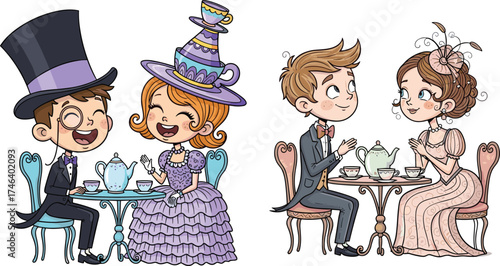 ntage tea party illustration, cartoon couples drinking tea, Victorian fashion, Edwardian style, whimsical hats, elegant clothing, conversation, friendship, retro charm