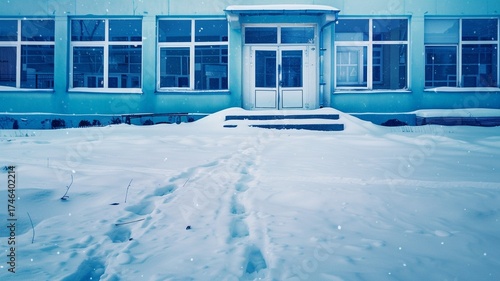 Footprints in deep snow lead to a school entrance during a cold winter day, with falling snowflakes and a serene blue tone.