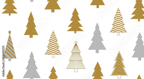 Festive holiday pattern featuring a delightful arrangement of stylized golden and silver Christmas trees, creating a joyful and elegant decorative concept for winter celebrations