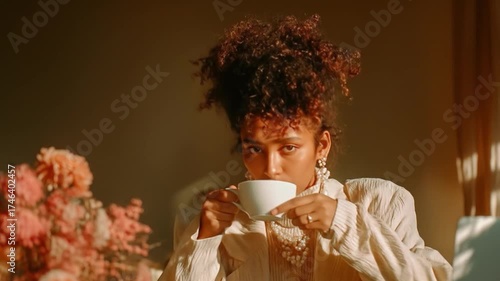 Woman with teacup and flowers in natural sunlight