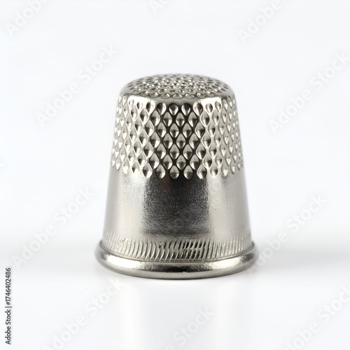 A metallic sewing thimble isolated on a white background, featuring a shiny textured surface with small dimples, symbolizing traditional craftsmanship and precision.