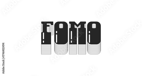 FOMO acronym bold black viral internet slang typography. Fear of missing out lingo. Anxious feeling. Psychology. Monochrome 80s synthwave buzz word with layered shadow. Pop culture. Danfo font used