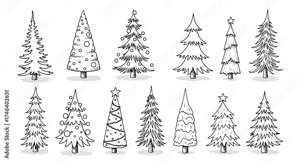 Obraz premium A diverse collection of hand-drawn Christmas tree sketches, perfect for festive holiday designs, winter greetings, and seasonal graphic elements to celebrate the joyful spirit of the season