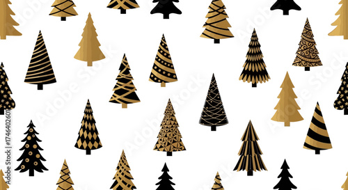 Elegant black and gold Christmas tree seamless pattern, perfect for festive holiday designs, winter celebrations, and seasonal decor, offering a sophisticated and modern touch