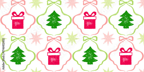 Christmas bow pattern. Seamless cute holiday bg with ribbon. Crayon kid background. Vector Christmas bow ribbon frame print. Red pink Xmas vintage winter floral seamless pattern with gift box, tree