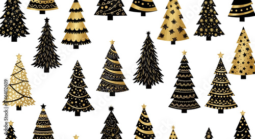 Elegant and Festive Black and Gold Christmas Tree Pattern Design for Holiday Backgrounds, Winter Celebrations, and Seasonal Greeting Cards – A Stylish Decorative Element