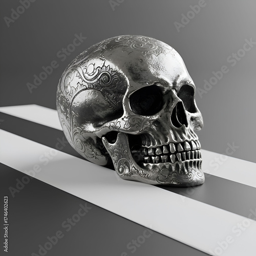 A metallic skull placed on a stripe of paper against a white background, combining elements of art and symbolism with a modern, minimalist aesthetic.