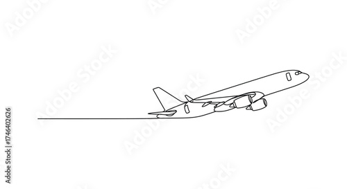Modern jetliner taking off with contrail abstract minimalist line art aircraft design silhouette